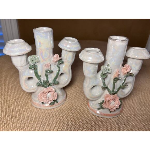 Lusterware Mid Century Opalescent Porcelain Rose Candelabra--Set of 2--Vintage - Picture 3 of 12